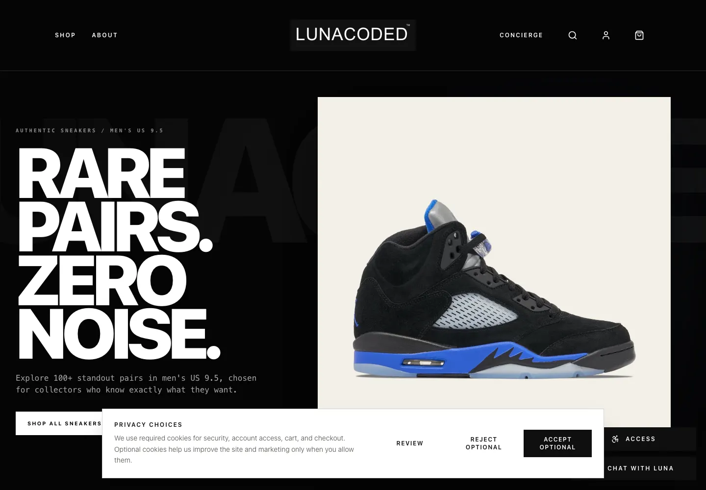 LunaCoded sneaker commerce homepage